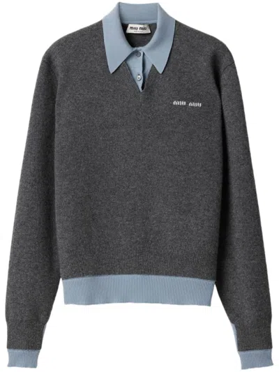 Pre-owned Miu Miu Women's  Cashmere Wool Polo Shirt In Gray/blue Cashmere