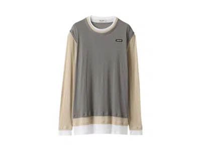 Pre-owned Miu Miu Women's  Layer Jersey Top In White/pumice/lead Grey
