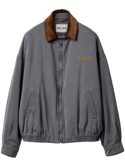 Pre-owned Miu Miu Women's  Velvet Collared Chambray Jacket In Grey