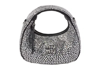 Pre-owned Miu Miu Women's  Wander Satin And Silk Mini Hobo Bag With Synthetic Crystals In Black