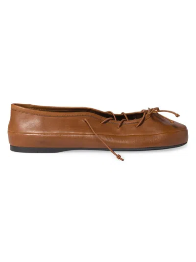 Miu Miu Leather Ballerina Shoes Flat Sole Round Toe In Brown