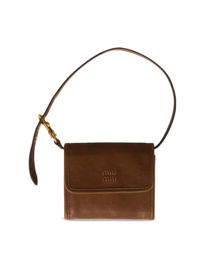 Miu Miu Women's Nappa Leather Wallet With Shoulder Strap In Brown