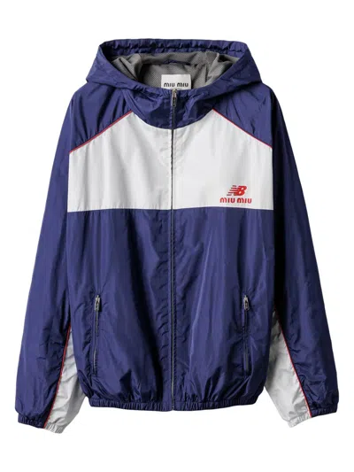 Miu Miu X New Balance Mini Tech Poplin Hooded Piping Jacket With Zip Pockets In Blue