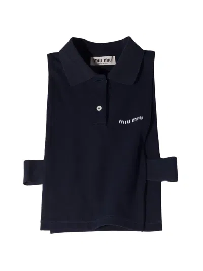 Miu Miu Navy Blue Logo Shirt Collar T-shirt