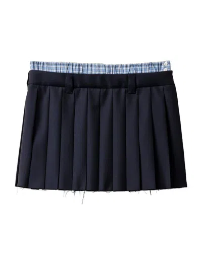 Miu Miu Womens Bleu Pleated Check-waistband Wool Mini Skirt In Blue