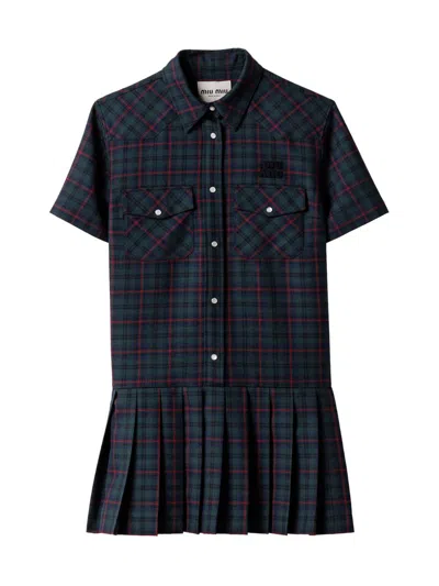 Miu Miu Women's Pleated Plaid Mini-dress In Blue