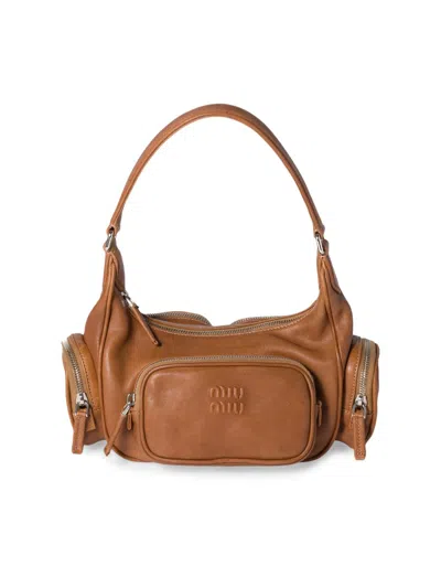Miu Miu Pocket Logo Zip Leather Shoulder Bag In Brown