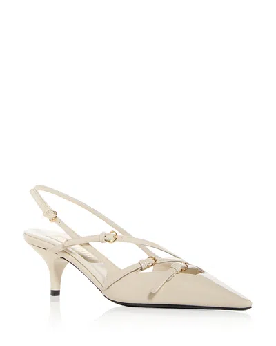Miu Miu Patent Leather Slingback Pumps With Buckles In White