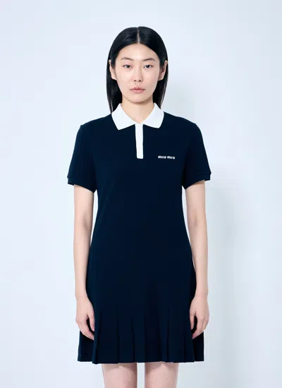 Miu Miu Women Polo Shirt Dress With Pleated Hem In Blue