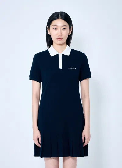 Miu Miu Women Polo Shirt Dress With Pleated Hem In Blue