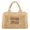 Miu Miu Structured Raffia Handbag With Adjustable Strap In White