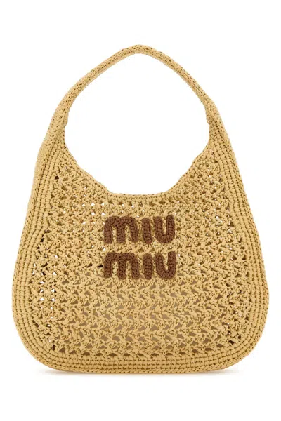 Miu Miu Raffia Top Handle Woven Texture Bag In Neutral