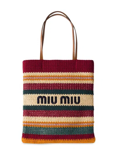 Miu Miu Crochet Leather-trimmed Striped Tote Bag In Multi