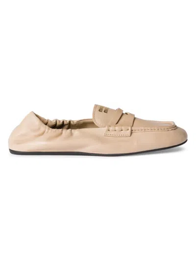 Miu Miu Refined Lamb Leather Loafers With Gathered Trim And Structured Loafer Strap In Neutral