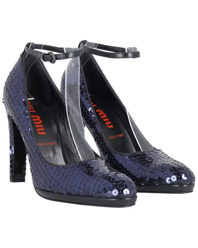 Miu Miu Women's Sequin Ankle Strap Pump, Size 37.5 (authentic Pre-loved) In Blue