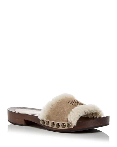 Miu Miu Women's Shearling Clogs In Brown