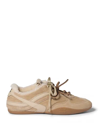 Miu Miu Women's Shearling Lined Low Top Sneakers In Brown