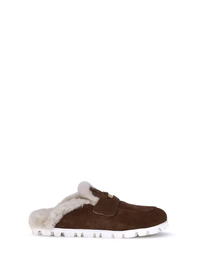Miu Miu Women Shearling Mules In Brown