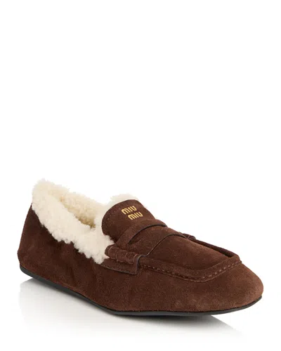 Miu Miu Women's Shearling Penny Loafers In Brown