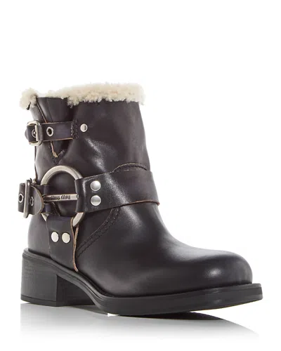 Miu Miu Women's Shearling Trim Moto Booties In Nero
