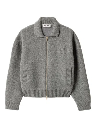 Miu Miu Women's Shetland Wool And Cashmere Zipper Cardigan In Gray
