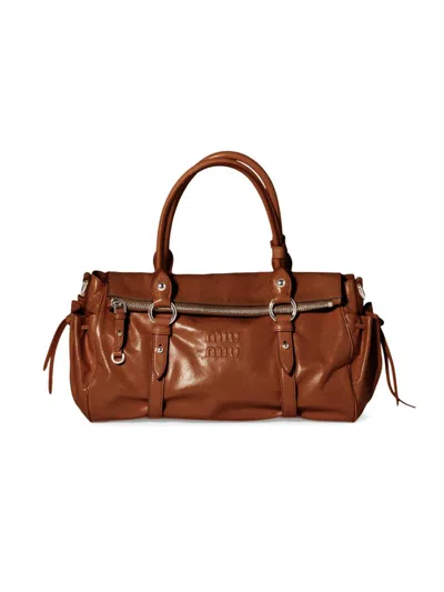 Miu Miu Large Tophandle Bag In Glossy Palisander Leather In Brown