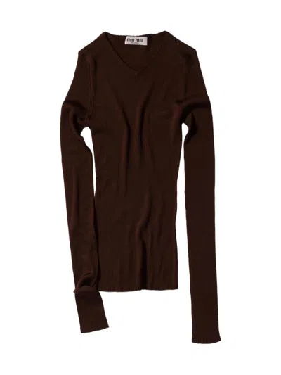 Miu Miu Women's Silk V Neck Sweater In Brown