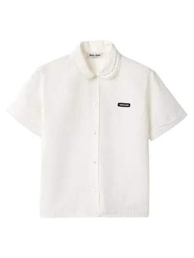 Miu Miu Short Sleeve Cropped Button Down Shirt With Collar In Multicolor