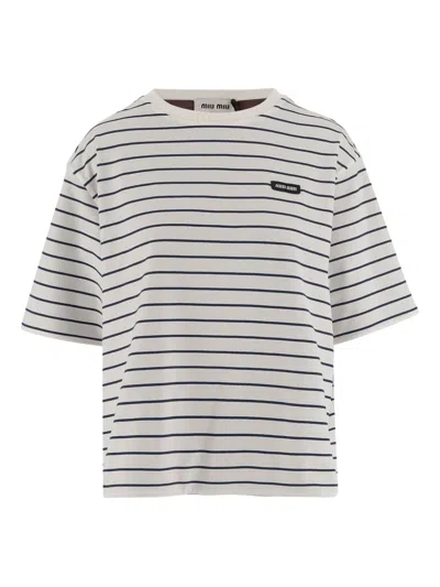 Miu Miu Women Striped Cotton T-shirt In White