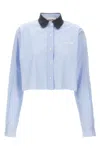 Miu Miu Women Striped Cotton Shirt With Contrast Collar In Blue