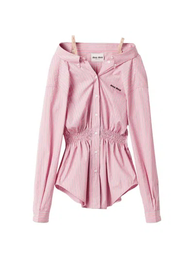 Miu Miu Elasticated Waistband Striped Shirt Mini Dress Clothing In Pink