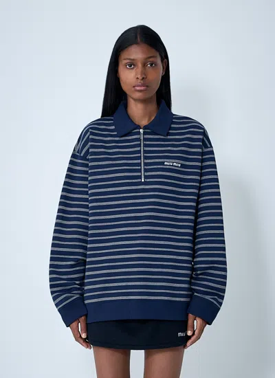Miu Miu Women Striped Zip-up Polo Shirt In Red