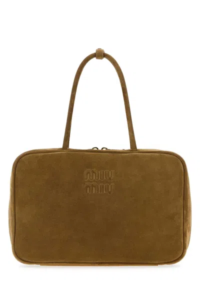 Miu Miu Women's Suede Handbag With Golden Metal Finishing (34 Cm X 23 Cm X 10 Cm) In Beige O Tan