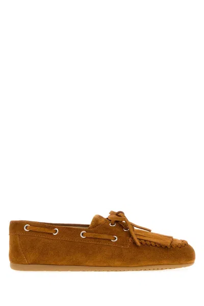 Miu Miu Women's Suede Loafers With Leather Lining And Rubber Sole In Camel