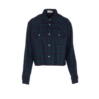 Miu Miu Women Tartan Logo Shirt In Blue