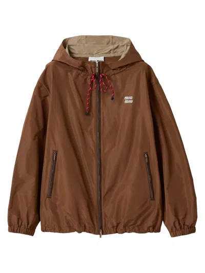 Miu Miu Women's Technical Fabric Hoodie Jacket In Brown