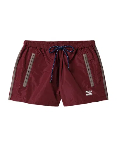 Miu Miu Garnet Shorts White Logo Elastic Band In Burgundy