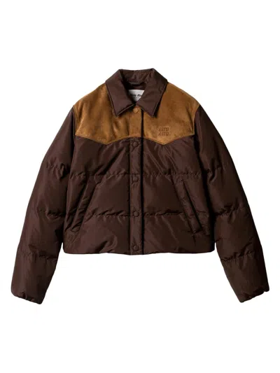 Miu Miu Women's Technical Pongé And Leather Down Jacket In Brown