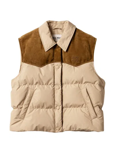 MIU MIU WOMEN'S TECHNICAL PONGÉ AND LEATHER DOWN VEST