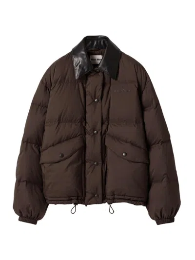 MIU MIU WOMEN'S TECHNICAL PONGÉ CROPPED DOWN JACKET
