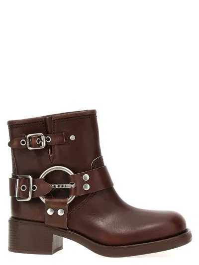 Miu Miu Women Vintage Leather Ankle Boots In Brown