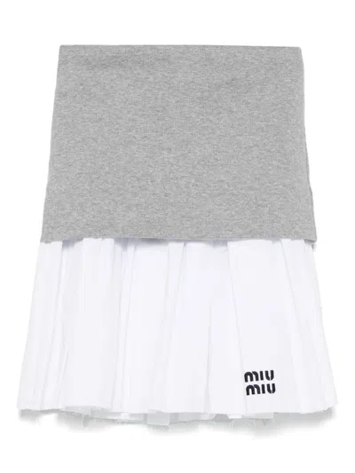 Miu Miu Pleated Jersey And Poplin Skirt In Gray