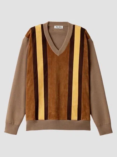 Miu Miu Wool And Suede Sweater In Brown
