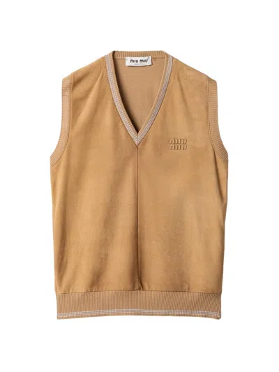 Miu Miu V-neck Ribbed-knit Vest In Gold