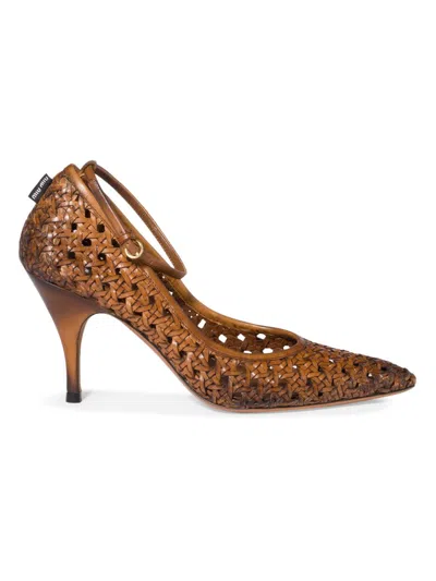 Miu Miu 80 Woven Leather Pointed Pumps In Brown
