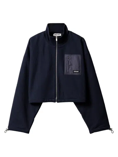 Miu Miu Cropped Cotton Sweatshirt High Collar In Black