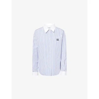 Miu Miu Womens Bianco Celeste Embroidered-logo Striped Cotton-poplin Shirt In Blue