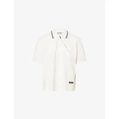 Miu Miu Womens Bianco Diagonal-zip Contrast-stripe Cotton Polo Top In White