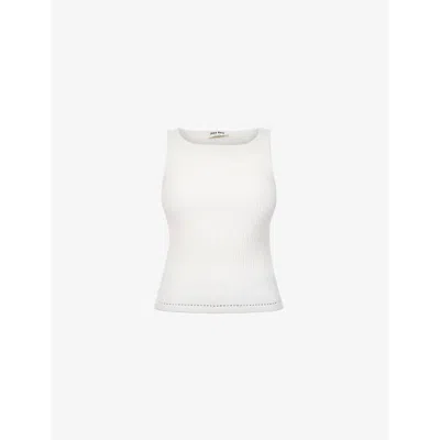 Miu Miu Womens  Slim-fit Embroidered-branding Wool-blend Knit Top In Bianco