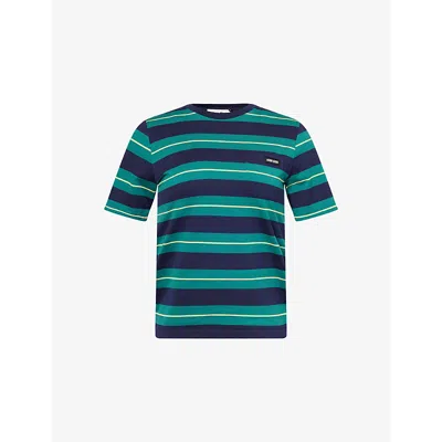 Miu Miu Womens Striped Short-sleeves Cotton-jersey T-shirt Biliardo+blu